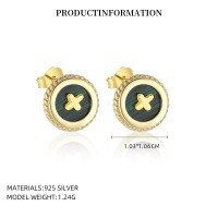 wholesale S925 Sterling Silver Round Vintage Button Earrings With Inlaid White Shell, Luxury Advanced Style, Cross-border Wholesale-YE0206_Malachite_18K Yellow Plated_Pair_With Small Flower Ear Caps 925 Silver