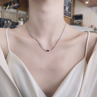 wholesale S925 Sterling Silver with Black Square Zirconia Inlaid Chain Link Necklace, Fashionable Commute Simple Versatile Design Pendant Jewelry-491L/approximately 4.8g 925 silver