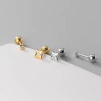 wholesale 925 Sterling Silver Asymmetric Four-Pointed Star Stud Earrings with Diamond Inlay, Minimalist Niche Geometric Star Screw-On Earrings M0239-S925 silver pair gold>925 silver