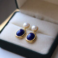 wholesale S925 silver with 18k gold plating, natural lapis lazuli pearl drop earrings, ethnic style popular women's earrings-0-0