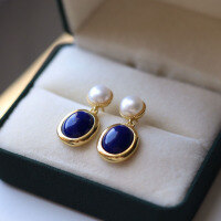 wholesale S925 silver with 18k gold plating, natural lapis lazuli pearl drop earrings, ethnic style popular women's earrings-Natural Lapis Lazuli Pearl Earrings 925 Silver