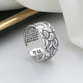 wholesale S925 Sterling Silver Retro Matte Wide Band Relief Lotus Heart Sutra Open Ring, Ethnic and Literary Style-0-3