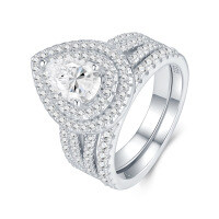 925 Silver Exaggerated Two-Layer Pear-Shaped Moissanite Fashion Drop Ring Customization-R15706 Moissanite 6*9MM+129 beads  US size 9/Hong Kong size 19