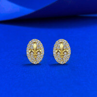 wholesale S925 Silver Gold-Tone Oval Iris Flower Fully Set with Zircon Earrings Vintage Xiaohongshu Live Cross-E648 Gold 925 Silver