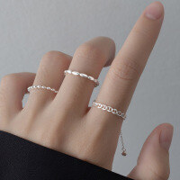 wholesale S925 sterling silver shimmering pig nose round disc bean ring, Korean-style minimalist stackable chain band ring R00853-S925 silver ring disc