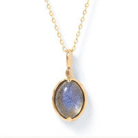wholesale S925 silver plated with 14K gold oval natural labradorite Japanese retro-style necklace, spring new collection-Labradorite Necklace>925 Silver
