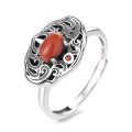 wholesale S925 Sterling Silver Retro Antique-style Filigree Openwork Luxury Inlaid Southern Red Ethnic Wind Adjustable Ring-0-5