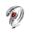 wholesale S925 Sterling Silver Retro Trendy Royal High Bridge Feather Design Cat's Eye Gemstone Inlaid Open Ring for Men and Women-0-4