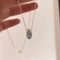 wholesale S925 Sterling Silver Light Luxury Sparkling Marquise Aquamarine Zircon Necklace for Women, Olive Pendant Gemstone Collarbone Chain Retro Style-0-0