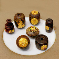 wholesale S925 gold-plated silver natural agarwood spacer beads barrel beads tri-way connector accessories DIY handmade unfinished bracelet necklace stringing ornaments-Patch Small Bucket Beads-Agarwood