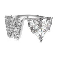 wholesale S925 Sterling Silver European and American Cross-Border Women's Ring with Personalized Letters, Heart, Zircon Inlaid, Adjustable Opening Silver Jewelry for Women-Platinum DY121171-SW-WH(W) Adjustable opening