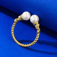 wholesale S925 silver Euro-American minimalist geometric open ring with 6mm pearl in-K049 Gold>Adjustable opening