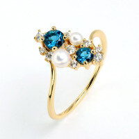 wholesale Metal material first, wholesale of Dunli Jewelry autumn and winter new elegant London blue topaz ring with natural freshwater pearl women's hand accessories-London Blue Topaz Women's Ring  Size 8