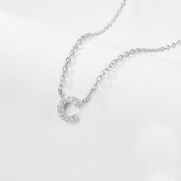 wholesale 925 Sterling Silver 26 Letter Necklace Light Luxury High-End Sense Pendant Necklace with Diamond-Encrusted Letters for Women Cross-Border E-Commerce Jewelry-C-Necklace-Platinum&gt;925 Silver (40+5cm)