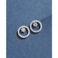 wholesale 925 Sterling Silver Round Micro-Inlaid Zircon Earrings for Women, Minimalist Korean-Style Circle Earrings with an Advanced and Elegant Vibe-White gold zircon earrings with plastic ear plugs  925 silver