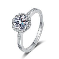 Sterling Silver Moissanite Ring, 1 Carat, Adjustable, Rhodium-Plated, Simplified Style, Live-Streaming Supply-[Empty Setting] 1 Carat Ring  Adjustable Opening