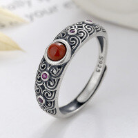 wholesale S925 Sterling Silver Inlaid with South Red Agate Floral Pattern Ring, Chinese Ethnic Style Vintage Accessory Index Finger Ring-825FJ/approx. 3g Adjustable opening
