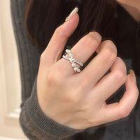 wholesale S925 Sterling Silver Irregular Fluid Line Cross Full Diamond Flash Pearl Ring Vintage High-End Design Sense Personality Band-White gold Adjustable opening