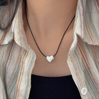 wholesale S925 Sterling Silver Minimalist Sweet and Edgy Black Leather Rope Heart Pendant Necklace for Women, Summer Small Design High-End Luxury Collarbone Chain-Sterling silver (75cm in length, adjustable)