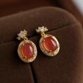 wholesale S925 Sterling Silver French Retro Red Agate Stud Earrings for Women, Light Luxury Elegant Personality Minimalist Style Earrings-0-2
