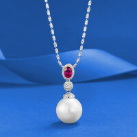 wholesale 925 Silver 4*6mm Red Diamond Surround-set Pearl Necklace Elegant and Versatile Cross-border Live Stream Style by Zhuozhifan New-N520 Red Diamond Pearl Necklace 925 Silver