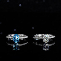 Sterling Silver Natural Blue Topaz Moissanite Ring, 1 Carat Pear Shape-Inlaid with blue topaz  Adjustable opening