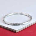 wholesale 9999 Silver Ancient Method Hand-Engraved Peony Adjustable Bracelet for Women, Minimalist and Artistic Matte Antique-Finished Solid Bangle-0-0