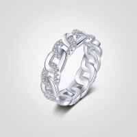 wholesale 925 Sterling Silver Original Cuban Link Chain Ring For Women With Wave Design, Hollow Zircon-cut, Luxury Ins Style-Chain Ring Size 9