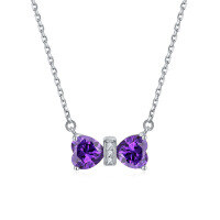 wholesale 925 Sterling Silver Double Heart Shaped Lucky Stone Zircon Pendant Bow Necklace for Women Small Collarbone Chain Ins Wholesale-Medium Purple Blue [February]>925 Silver
