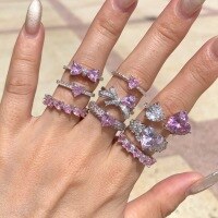 wholesale S925 Sterling Silver Cross-Border Women's Ring with 8A Ice Flower Zircon, Sparkling Pink Geometric High-Carbon Diamond, Fresh and Sweet Girly Style-DY120564-SW-PK 8