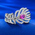 wholesale S925 Silver Full Diamond-Encrusted Pink Diamond and Green Diamond Feather Ring, Stylish and Elegant, Live Hot Sale Item from Mu Jing Jewelry-0-0
