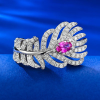 wholesale S925 Silver Full Diamond-Encrusted Pink Diamond and Green Diamond Feather Ring, Stylish and Elegant, Live Hot Sale Item from Mu Jing Jewelry-R812 Green Diamond No. 7