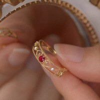 wholesale S925 Sterling Silver Entire Body Red Elk Vintage Ring Japanese Original Design Band Light Luxury French Style Niche Women's-BZ0567-Gold US size 6