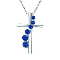 S925 Silver Cross Pendant with Pink Diamond and Sapphire Wholesale-[Cross] September (Dark Blue)  925 Silver