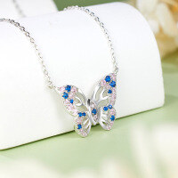 wholesale 925 Sterling Silver Butterfly Necklace for Women, Minimalist Silver Collarbone Chain, Fashionable Valentine's Day Live Stream Jewelry Customization-Butterfly Necklace Zirconia>925 Silver