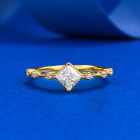 wholesale S925 Gold-Plated Sterling Silver 4*4 Princess Cut Single Diamond Ring for Women, Minimalist and Elegant Starry Sparkle Band-R1342 Gold Diamond Ring  Size 7