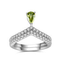 wholesale S925 Sterling Silver Fashion V-Shape Colored Gemstone Jewelry Set with Natural Peridot Garnet and Sapphire Ring and Necklace Set-Natural peridot ring (note US size 5-10)