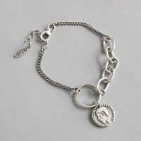 wholesale S925 Sterling Silver YHT002 Korean Style Personalized Student Silver Vintage Antiqued Design Portrait Coin Pendant Bracelet for Women-Vintage Silver 925 Silver
