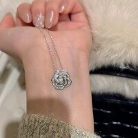 wholesale S925 sterling silver white rose necklace with romantic camellia and chic style pendant, exuding a sense of luxury and uniqueness as a stylish chain for sweaters-Platinum>925 silver