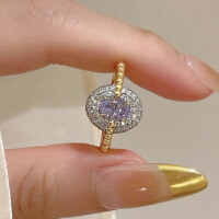 wholesale S925 Sterling Silver Gold Plated High Carbon Diamond 5*7mm Gentle Purple Diamond Ice Flower Cut Ring Style-R1043 Purple Diamond No. 8