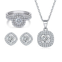 wholesale 925 Sterling Silver Diamond-Shaped Earrings Zircon Ring Necklace High-End Jewelry Set Three-Piece Combination Ring Set-Earrings TLED091 925 silver
