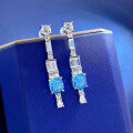 wholesale S925 Sterling Silver New Product Fat Square Ice Flower Cut 6*6 High Carbon Drill Aquamarine Diamond Earrings High-End Feel-0-1
