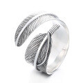 wholesale S925 Sterling Silver Retro Feather Design Open Adjustable Ring, Bold and Unique Unisex Trendy Finger Ring-0-4
