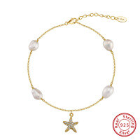 wholesale S925 Silver Star Pearl Ankle Bracelet for Women, Beach Foot Jewelry Wholesale-Platinum, approx. weight: 3.93g 925 silver