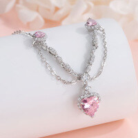 wholesale 925 Silver Colorful Flash Zirconia Heart Necklace for Women, Light Luxury Fashion, Versatile and Elegant Advanced Collarbone Chain-xb1265-heart pink diamond necklace