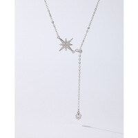 wholesale 925 Sterling Silver Eight-Pointed Star Necklace for Women, Light Luxury, Niche Design, New Pendant Collarbone Chain with Fringe-Eight-pointed star necklace>925 silver
