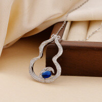 wholesale Metal hollow gourd pendant necklace, minimalist new Chinese style, elegant and chic, inspired by the Year of the Snake Spring Festival Gala-xb266--Ribbon Gourd Necklace (White Gold Blue)