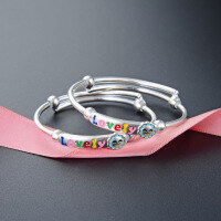 wholesale A pair of Korean-style cute baby bracelets in S999 pure silver with colorful oil-dripped flower "LOVELY" design, infant/child bangle jewelry-A pair of baby bracelets, approximately 21.5g>999 silver