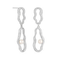 wholesale S925 sterling silver small geometric irregular double-ring design pearl earrings for women,, sophisticated, and-Platinum [with rubber earplugs] &gt; 925 silver