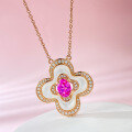 wholesale S925 silver necklace with 4-leaf clover 5*7 pink crystal mother-of-pearl pendant, fashionable and versatile for daily wear, live streaming wholesale item-0-1